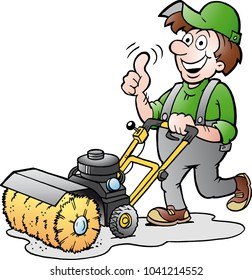 Cartoon Vector illustration of a Happy Gardener with his Sweeping Machine