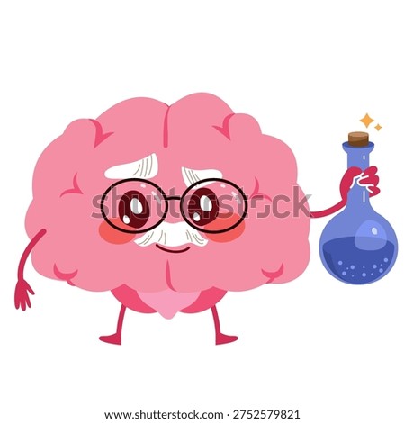 Cartoon vector illustration of a happy genius brain mascot holding a laboratory flask representing science, research, innovation and intellectual discovery