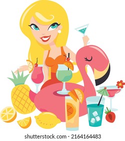 A cartoon vector illustration of a happy girl behind a  various summer cocktails and a pink flamingo floatie.