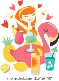 A cartoon vector illustration of a happy girl behind a  various summer cocktails and a pink flamingo floatie.