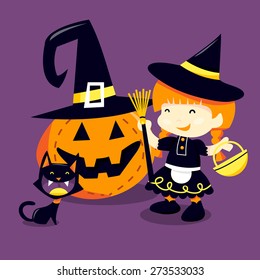 A cartoon vector illustration of a happy girl in witch halloween costume going trick or treating with her pet cat.