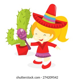 A cartoon vector illustration of a happy girl wearing mexican costume like sombrero and holding a maraca.