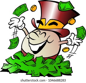 Cartoon Vector illustration of a Happy Golden Egg Mascot sitting in a big pile of Money