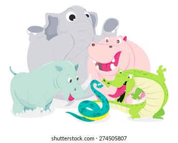 A cartoon vector illustration of a happy group of safari animals like elephant, rhinoceros, hippopotamus, crocodile, and snake.