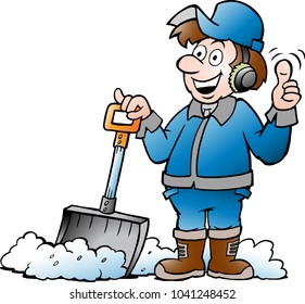 Cartoon Vector illustration of a Happy Handyman Worker with his Snow Shovel
