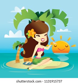 A cartoon vector illustration of a happy hawaiian retro pin up girl on a sunny tropical island.