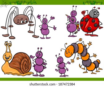 Cartoon Vector Illustration of Happy Insects or Bugs Set like Ant or Ladybug or Harvestman and Caterpillar