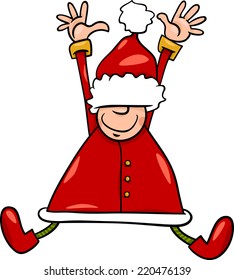 Cartoon Vector Illustration of Happy Jumping Santa Claus or Elf Character