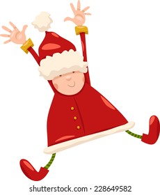 Cartoon Vector Illustration of Happy Jumping Santa Claus or Elf Character