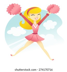 A cartoon vector illustration of a happy and jumping blonde cheerleader.