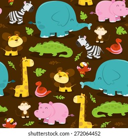 A cartoon vector illustration of happy jungle animals theme seamless pattern filled with fun characters like lion, elephant, giraffe, zebra, monkey, crocodile, hippo and more with brown background. 