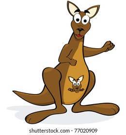 Cartoon vector illustration of a happy kangaroo with her joey in her pouch