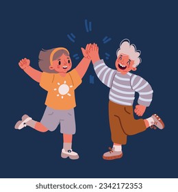 Cartoon vector illustration of Happy kids giving high five together in classroom. Excited children celebrating achievements, teamwork, diversity and friendship with high five concept over dark backrou