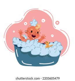 Cartoon vector illustration of Happy laughing Infant baby toddler taking a bath playing with foam bubbles. Bathing and washing of little kid. Children care and hygiene concept.