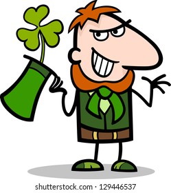 Cartoon Vector Illustration of Happy Leprechaun with Green Clover or Trefoil in his Hat on St Patrick Day Holiday