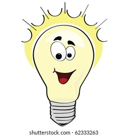 Cartoon vector illustration of a happy lightbulb, or a happy idea