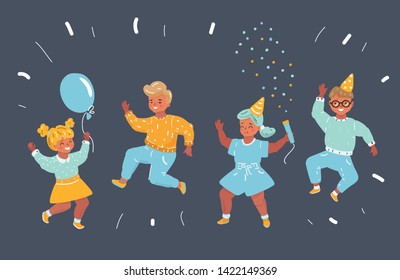Cartoon vector illustration of Happy little boy and girl jumping on dark background. Happy birthday party.