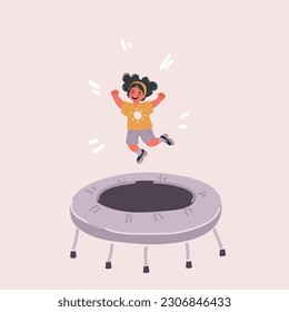 Cartoon vector illustration of happy little girl jumping on a trampoline having fun playing outdoor sport activity