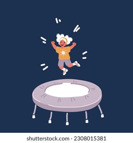 Cartoon vector illustration of happy little girl jumping on a trampoline having fun playing outdoor sport activity over dark background
