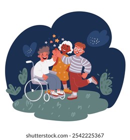 Cartoon vector illustration of Happy Little boy in whieelchair and his friends give five to to each other over dark background