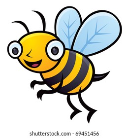 Cartoon vector illustration of a happy little bumblebee flying.