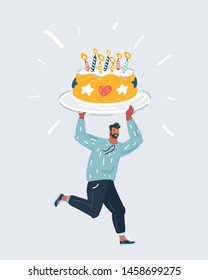 Cartoon vector illustration of happy man run and holding a Birthday big sweet cake with candles on white background.