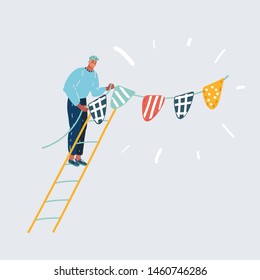 Cartoon vector illustration of Happy man hanging flags or bunting garland. Smiling character decorating house. Cute funny celebration concept isolated on white background.