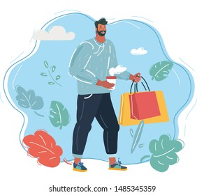 Cartoon vector illustration of Happy man with shopping bag. Big Sale.