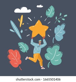 Cartoon Vektorillustration Illustration eines glücklichen Mannes, der einen großen gelben Stern über dem Kopf hält. Kundenbericht, positives Feedback-Konzept. Menschlicher Charakter auf dunklem Hintergrund.