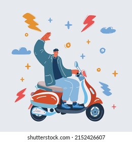 Cartoon vector illustration of happy man who rides a scooter