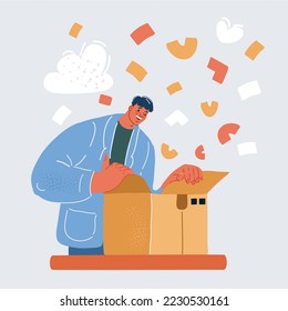Cartoon vector illustration of Happy man unpacking delivery box