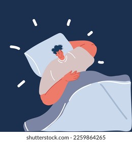 Cartoon vector illustration of Happy man sleeping in bed, top view over dark background