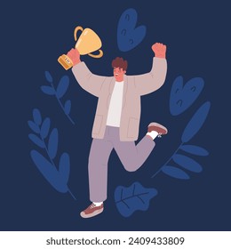 Cartoon vector illustration of a happy man holding golden trophy over dark backround