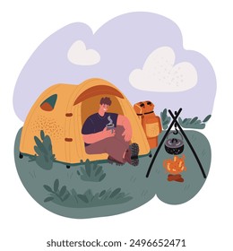 Ilustración vectorial de dibujos animados de hombre feliz en camping en vacaciones de verano cerca de la tienda de campaña, relajante al aire libre en la naturaleza.