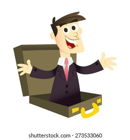 A cartoon vector illustration of a happy man in business suit and tie popping up from a briefcase.