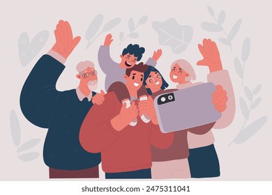 Ilustración vectorial de dibujos animados de miembros felices de la gran familia reunidos juntos, haciendo selfie foto, retrato del grupo de tiro de tres generaciones en el teléfono móvil