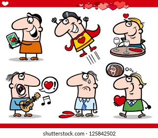 Cartoon Vector Illustration of Happy Men Valentines Day or Love Themes with Heart, Valentine Cards