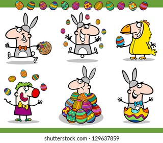 Cartoon Vector Illustration of Happy Men Easter Themes with Bunny, Chicken or Chick and Colored Eggs