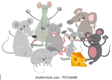 Cartoon Vector Illustration of Happy Mice Animal Characters Group