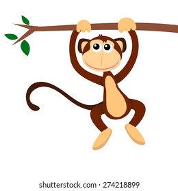 A cartoon vector illustration of a happy monkey hanging on a tree branch.