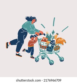 Cartoon vector illustration of Happy mother and her son with a grocery cart full of products is shopping at the supermarket