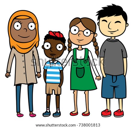 Cartoon vector illustration of happy multicultural multiracial children friends diversity concept