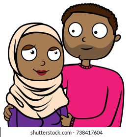 Cartoon vector illustration of happy muslim immigrant couple in love
