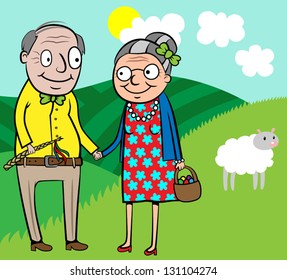 Cartoon vector illustration of happy old couple celebrating Easter