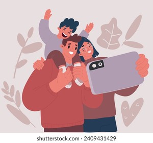 Cartoon vector illustration of Happy parents mom and dad standing together with kid boy. Little son sitting on father shoulders waving hands . Loving family. Family photo