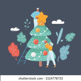 Cartoon vector illustration of Happy people decorating Christmas tree on dark background. Man and woman together getting ready for the New year party. Dark background.