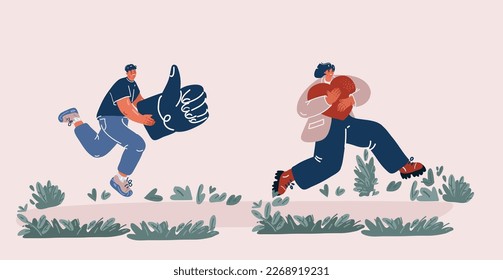 Cartoon vector illustration of happy people showing positive emotions with gestures thumbs up, heart.