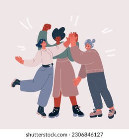 Cartoon vector illustration of Happy people giving high five. Friends greeting or supporting each other. Informal hi gesture. Concept of friendship, partnership and success.