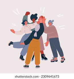 Cartoon vector illustration of Happy people giving high five. Friends greeting or supporting each other. Informal hi gesture. Concept of friendship, partnership and success. 