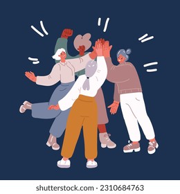 Cartoon vector illustration of Happy people giving high five. Friends greeting or supporting each other. Informal hi gesture. Concept of friendship, partnership and success